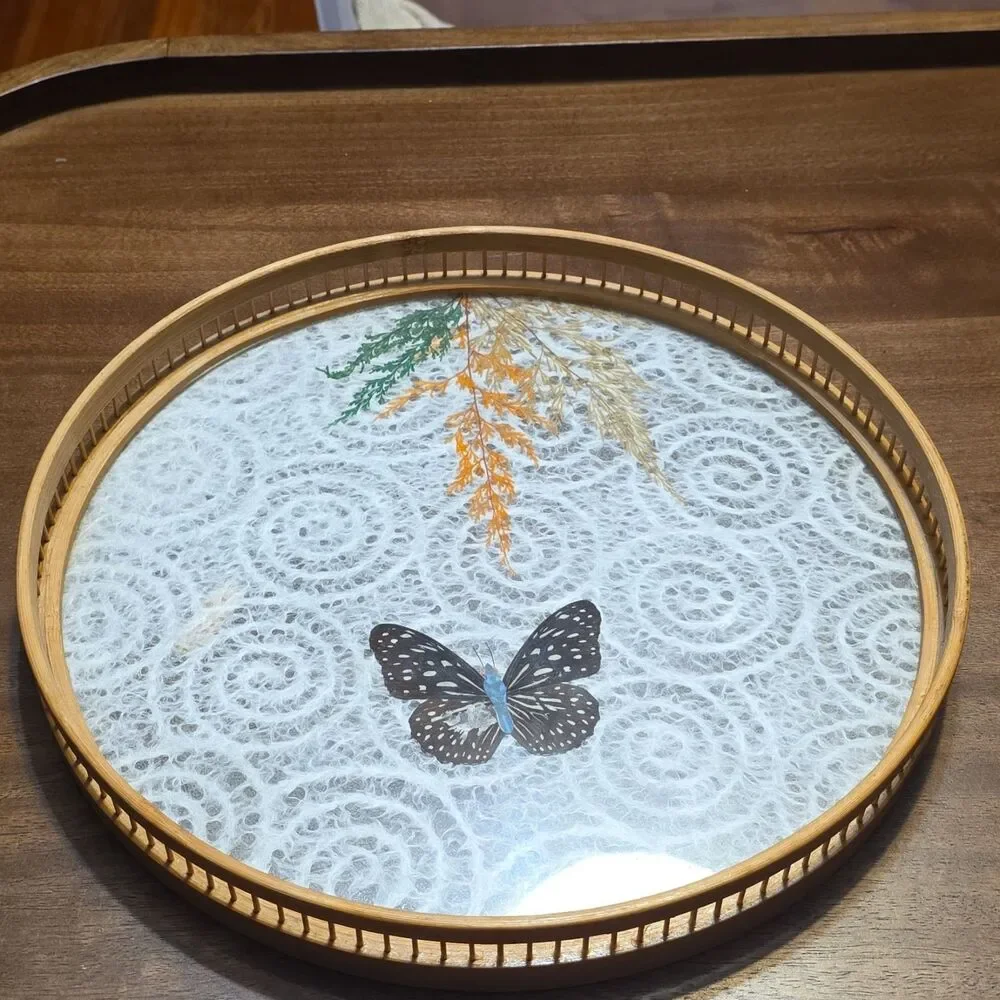 Vintage Round Wood Butterfly Coaster Set 6pc w/ Tray, Made in Taiwan
